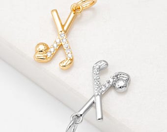 2PCS - Ice Hockey Stick and Puck Charm, Sports Pendant with Cubic Zirconia,  DIY Jewelry, Real 14K Gold & Rhodium Plated [P2271]