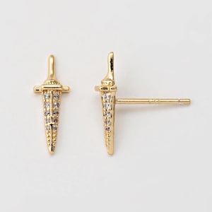 2PCS - Tiny Crystal Zircon Sword Saber Stud Earrings, Small Cross Knife Post Earring, Minimalist Jewelry, Real 14K Gold Plated [E0916-PG]