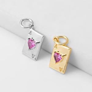 1 colgante de carta de as con forma de corazón, joya de naipe con circonita rosa, regalo de la suerte para ella, chapado en oro auténtico de 14 quilates y rodio [P2204]