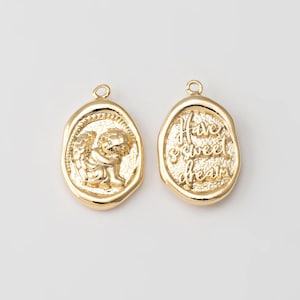 2 peças - pingente de anjo medalhão, pingente de anjo da guarda, pingente de letra, pingente de letra "Tenha um bom sonho", banhado a ouro 14K genuíno [P1428-PG]
