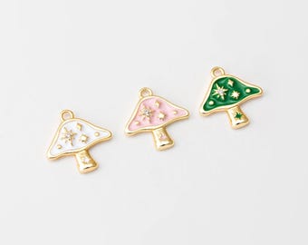 2PCS- Tiny Mushroom Dangle Charm, Mini White Pink Emerald Mushroom Star Pendants, Vegetable Charm, Real 14K Gold Plated [P1785-PG]