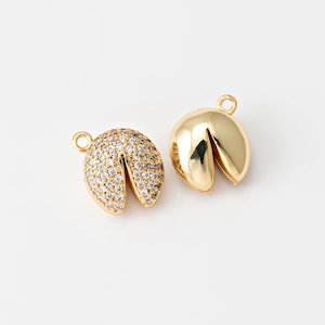 1PC - Fortune Cookie Pendant, Crystal Zircon Mini Gold Cookie Food Charms, Jewelry Making, Real 14K Gold Plated [P1732-PG]