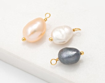 4PCS - Fresh water pearl charms, Baroque pearl charms, pearl charm Necklace Pendant, Real 14K Gold & Rhodium Plated [P1375]