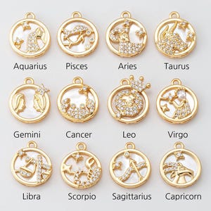 1PC - Round Horoscope Sign Constellation Astrological Zodiac Charms,Celestial Birth Crystal Zircon Pendant, Real 14K Gold Plated [P1702-PG]