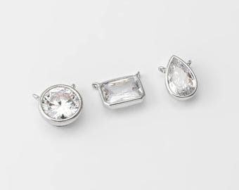 2 piezas - Colgante con conector de circonita cúbica y bisel rectangular, conector de circonita cúbica en forma de gota, bisel cúbico redondo, collar, baño de rodio [C0513-PR]