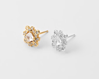 2 STÜCKE - Kubischer Rechteck Ohrstecker, quadratischer CZ Ohrstecker, Halo Minimalist Schmuckherstellung, echtes 14K Gold und Silber überzogen [E0158]