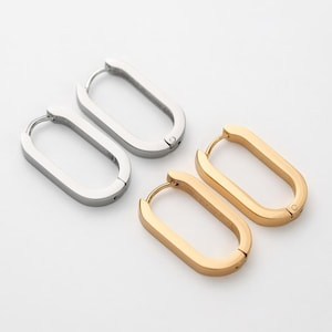 2 stuks: roestvrijstalen roestvrijstalen Huggie-oorbellen, one-touch-oorbellen, gouden ovale oorringen, echt 14 kt goud en gerhodineerd [E0730]