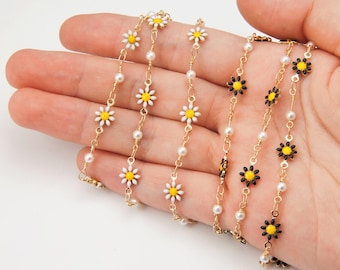 50cm - 4 Type Color Chain, Daisy Flower Enamel Chain, 7mm Flower Chain, 3mm Pearl Chain, Jewelry Supplies, 14K Gold plated [CH0344-PG]