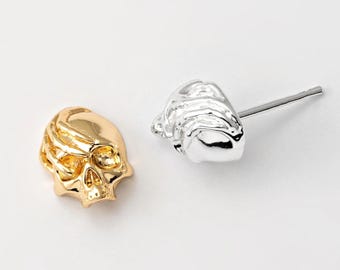 2PCS - Skull Face with Hand Stud Earrings, Skeleton Halloween Posts, Spooky Studs, Real 14K Gold & Silver Plated [E0946]