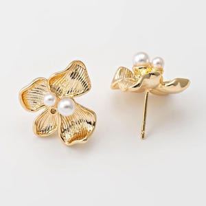 2PCS - Flower Dangle Post Earrings, Tiny Pearl with Flower Stud Earrings, Nature Studs, Earring Making, Real 14K Gold Plated [E0917-PG]