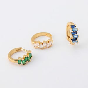 2PCS - Emerald Cubic One Touch Hoop, Gold Cubic One Touch Hoop, CZ Huggie Hoop Earrings, Gold Hoops Real 14K Gold Plated [E0617-PG]