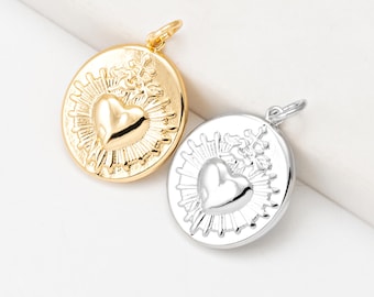 1PC - Sacred Heart Medallion Pendant, Embossed Heartburst Oval Pendant, Religious Jewelry DIY Charm, Real 14K Gold & Rhodium Plated [P2286]