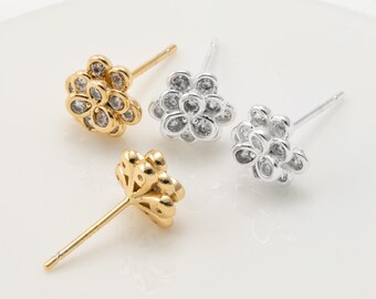2PCS - Bloom Flower CZ Stud Earrings, Mini Floral Post Earrings, Real 14K Gold & Silver Plated [E1073]