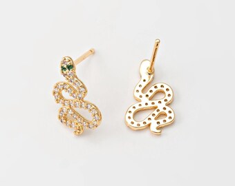 2PCS - Tiny Snake Stud Earrings, Crystal Snake Post Earrings, Animal Minimalist Jewelry, Real 14K Gold Plated [E0952-PG]