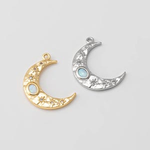 1PC - Moon Cubic with Opal Pendant, Moon Opal Dangle Charms, Making Necklace Supplies, Real 14K Gold & Rhodium Plated [G0299]
