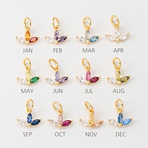 Puede incluir: Encantos dorados del mes de nacimiento con acentos de piedras preciosas de colores. Cada dije presenta un diseño floral con tres piedras preciosas de colores y un pequeño lazo para sujetarlo a un collar o pulsera. Los meses están etiquetados de enero a diciembre.