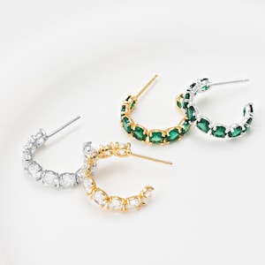 2PCS - Cubic Zirconia Hoop Earring, Emerald CZ Hoop Earrings, Gold Stud Earrings, Real 14K Gold & Silver Plated [E0207]