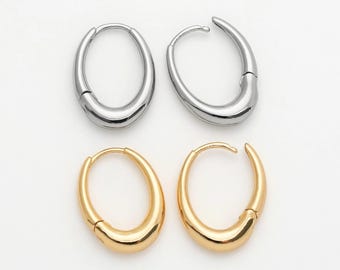 2PCS - Gold Oval hoop Earring, Oval Hoop Jewelry Earrings, Huggie Hoop Earrings, Real 14K Gold & Rhodium Plated  [E0519]