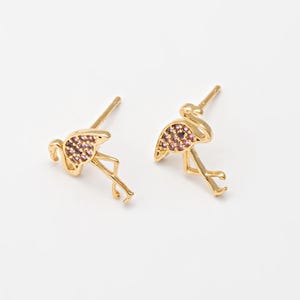 2PCS - Tiny Pink Zircon Flamingo Stud Earrings, Mini Flamingo Earring For Animal Jewelry Making, Real 14K Gold Plated [E0906-PG]