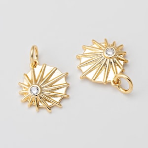 2 pièces - breloque cubique pièce de monnaie ronde, pendentif cercle rayon de soleil, lumière d&#39;étoile qui coule, fabrication de bijoux minimaliste, véritable plaqué or 14 carats [P1895-PG]