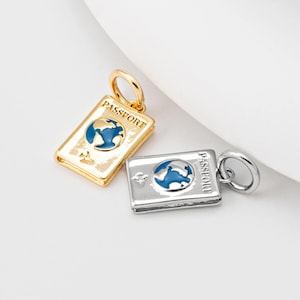 2PCS - Globe Passport Charm, Mini Travel Blue Enamel Pendant, Abroad Passport Minimalist Jewelry, Real 14K Gold & Rhodium Plated [P2067]