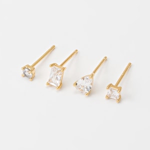 2PCS - Tiny CZ Stud Earring in Round, Square, Baguette or Drop, 925 Silver Post, Minimal Piercing Jewelry, Real 14K Gold Plated [E0620-PG]