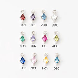 Puede incluir: Doce abalorios plateados con piedras preciosas de diferentes colores, cada uno representando un mes del año. Enero es rojo, febrero es morado, marzo es azul, abril es blanco, mayo es verde, junio es morado claro, julio es rosa, agosto es verde, septiembre es azul, octubre es rosa, noviembre es amarillo y diciembre es azul claro.