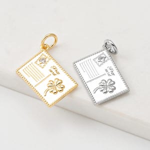 1 st: ansichtkaartbedel, geluksklavertje-bericht reiskaarthanger, kettingcomponentenvoorraad, echt 14 kt goud en gerhodineerd [P2181]