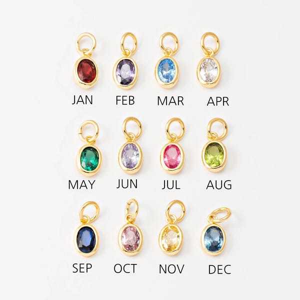 1PC - Oval Birthstone Charms, Mini Round Solitaire Pendants, Personalized Jewelry Making, Real 14K Gold Plated [P2168-PG]