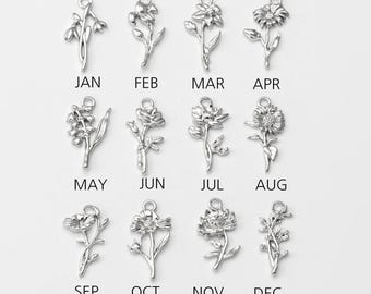 4PCS - Mother&#39;s Day jewelry Charm, Silver Color Flower Dangle Charms, Birth Flower Personalized Necklace Pendant, Rhodium Plated [P1523-PR]