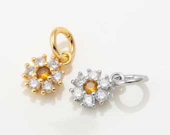 1PC -  Crystal Daisy Pendant, Floral Cubic Zirconia Charm, Real 14K Gold & Rhodium Plated [P2297]