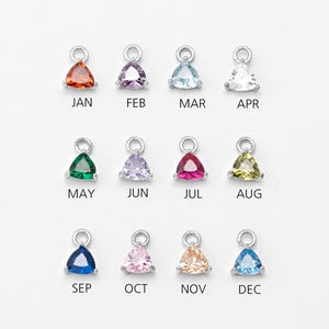 May include: A collection of twelve gemstone charms, each in a different color and representing a month of the year. Each charm is a small, triangular gemstone with a silver loop at the top, perfect for jewelry making.