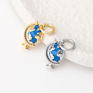2STK - Weltkarte Anhänger, Mini Globus Anhänger, Planet Erde Anhänger, echt 14K Gold & rhodiniert [P2077]