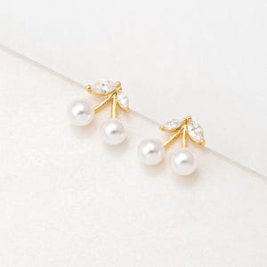 2PCS - Cherry Pearl Stud Earrings, Pearl Fruit Post Earring, Minimalist Jewelry, Real 14K Gold & Silver Plated [E0962]