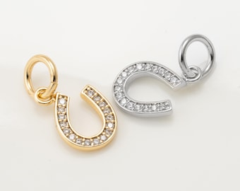 1PC -  Lucky Horseshoe Charm Pendant, Pave CZ Horseshoe, Good Luck Jewelry Making Supplies, Real 14K Gold & Rhodium Plated [P2296]