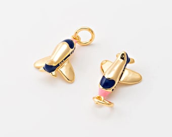 1PC - Airplane Pendant Charm, Pilot Pendant, Enamel Plane Charm, Travel Jewelry Making and Suppliers, Real 14K Gold & Rhodium Plated [P2104]