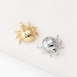 Puede incluir: Dos colgantes de mariquita, uno dorado y otro plateado, sobre un fondo blanco. Los colgantes tienen patas detalladas, antenas y un lazo para sujetar. El colgante dorado tiene un acabado brillante.
