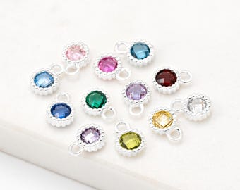 2PCS - Round CZ Birthstone Charms, 12 Month Colors, Gold & Silver Bezel Connector, DIY Jewelry Making, Silver Plated [P2256-PR]