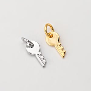May include: Two key-shaped charms, one silver and one gold, are displayed against a white background. The charms have a simple, classic design with a circular top and a detailed key bit. The gold charm has a shiny finish.