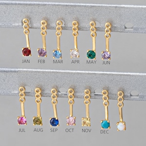 Puede incluir: Doce pendientes de barra de oro con una pequeña piedra preciosa en el extremo. Las piedras preciosas son de diferentes colores y representan cada mes del año. Los pendientes se muestran sobre un fondo plateado con los meses del año etiquetados debajo de cada pendiente.