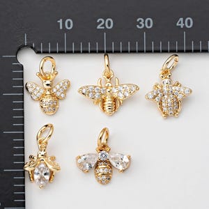 1PC - Bee Charms, CZ Crystal Bee Pendants for Cute Nature-Inspired Necklace or Bracelet Making, Real 14K Gold & Rhodium Plated [P1913-PG]