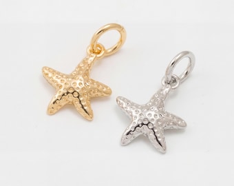 2PCS - Textured Starfish Charm • Dimpled Sea Star Pendant • Ocean Jewelry • Real 14K Gold & Rhodium Plated [P2324]
