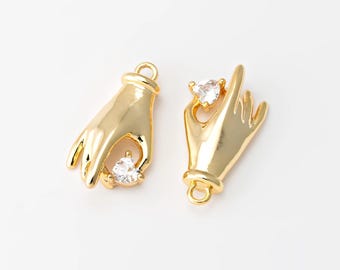 2 STKS - hand met hart bedel, mini gouden handhanger bedel, kleine palm bedel, minimalistische sieraden, echt 14 kt verguld [P1553-PG]