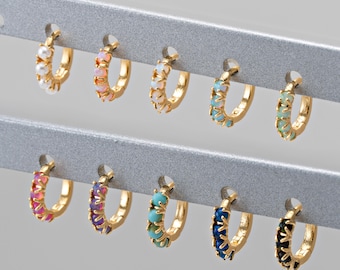 2PCS - Opal Hoops, Opal One Touch Earrings, Huggie Hoops, Pearl Hoops, Turquoise Huggies, Real 14K gold earrings hoops Plated [E0524-PG]