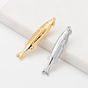1PC - Sardine Fish Charm Pendant, Minimalist Sea Animal Necklace Component, Fishing Jewelry Supplies, Real 14K Gold & Rhodium Plated [P2260]