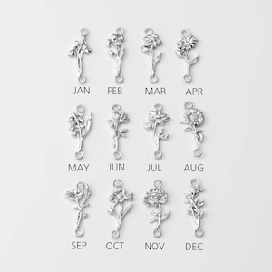Puede incluir: Doce colgantes de plata con forma de flores, cada uno representando un mes del año. Los colgantes están etiquetados con las abreviaturas de tres letras de cada mes: ENE, FEB, MAR, ABR, MAY, JUN, JUL, AGO, SEP, OCT, NOV, DIC.