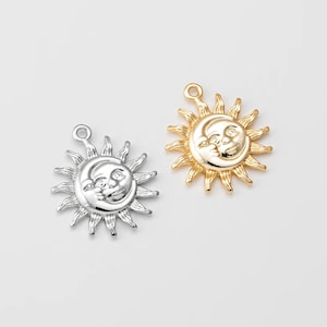 2PCS - Favorite Sun Face Dangle Charms, Silver Color Sun and Moon Pendant, Jewelry Making, Real 14K Gold & Rhodium Plated [P0773]