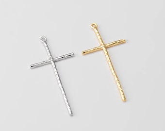2PCS - Thin Cross Charms, Gold Cross Dangle Pendants, Hammered Cross Charm, Real 14K Gold & Rhodium Plated [P0969]