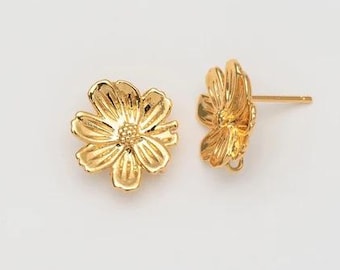 2PCS - Gold Flower Stud Earrings, Pave Flower Post Earring, Real 14K Gold Plated [E0748-PG]