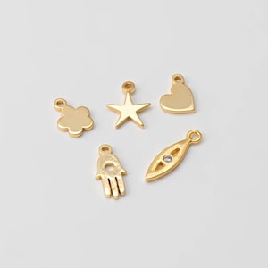 10PCS - Tiny Gold Star Heart Dangle Charm, Mini Evil Eye, Hand, Flower Shape Pendant, Minimalist Jewelry, Real 14K Gold Plated [P1698-PG]